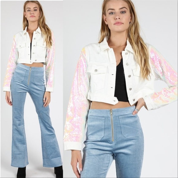 WHITE Denim jacket with sequin sleeves - Picture 1 of 4
